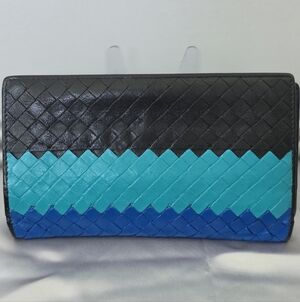 Bottega Veneta Woven Leather Tricolor Wallet - Black, Teal & Blue